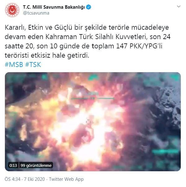 MSB: Son 10 günde 147 PKK/YPG'li terörist etkisiz hale getirildi - Resim : 1