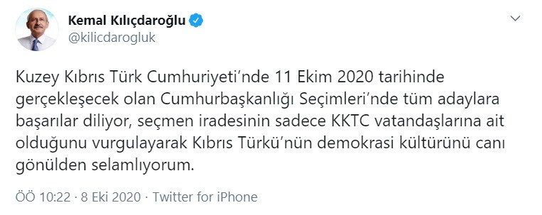 Kılıçdaroğlu'ndan demokrasi vurgusu: KKTC'deki seçimlerde tüm adaylara başarılar diliyorum - Resim : 1