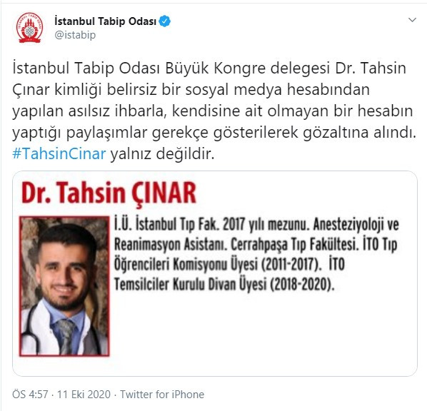 İstanbul Tabip Odası delegesi Dr. Tahsin Çınar gözaltına alındı - Resim : 1
