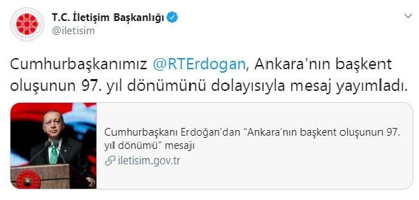 Erdoğan'dan, Ankara'nın başkent oluşunun 97'nci yıl dönümü mesajı - Resim : 1