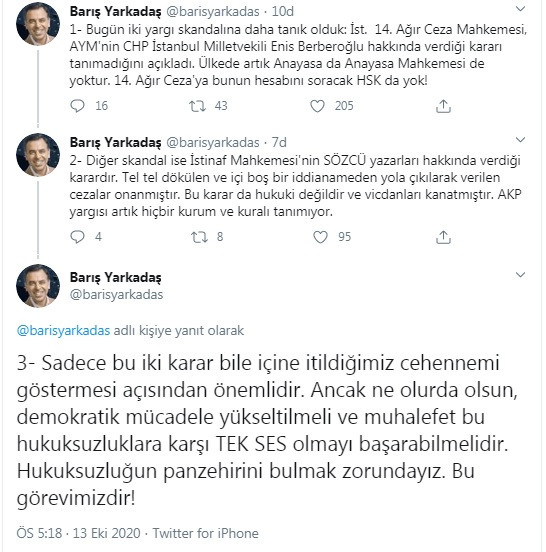 Yarkadaş'tan Berberoğlu tepkisi: AKP yargısı artık hiçbir kurum ve kuralı tanımıyor - Resim : 1