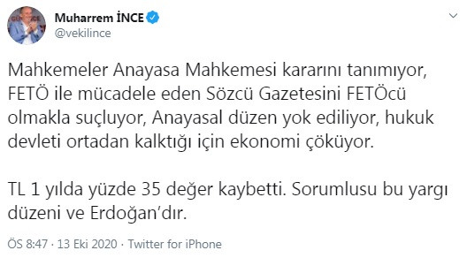 Muharrem İnce'den Berberoğlu tepkisi: Sorumlusu bu yargı düzeni ve Erdoğan'dır - Resim : 1