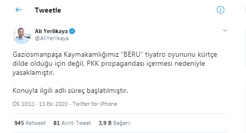 İstanbul Valisi Ali Yerlikaya'dan Kürtçe tiyatro oyununun yasaklanması ile ilgili açıklama - Resim : 2