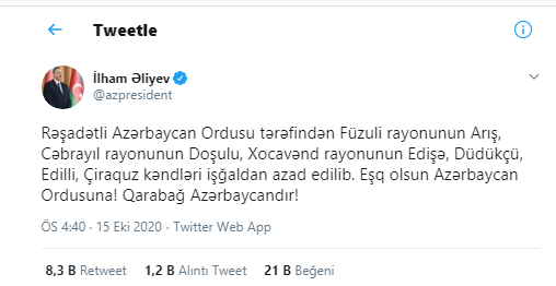 İlham Aliyev, Azerbaycan ordusunun 6 köyü daha işgalden kurtardığını açıkladı - Resim : 1