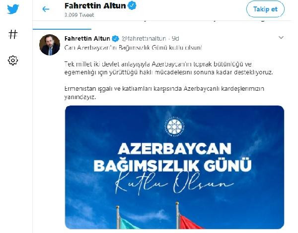 Fahrettin Altun'dan 'Azerbaycan Bağımsızlık Günü' mesajı - Resim : 1