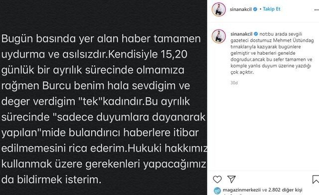 'Hamile sevgilisi için Burcu Kıratlı'yı terk etti' iddiasına Sinan Akçıl'dan yanıt - Resim : 1