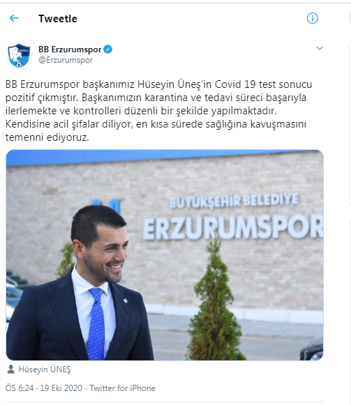 Erzurumspor Başkanı Hüseyin Üneş koronavirüse yakalandı - Resim : 1