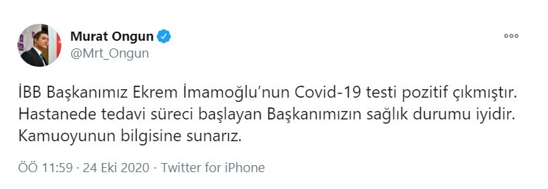 İBB Başkanı Ekrem İmamoğlu'nun koronavirüs testi pozitif çıktı! - Resim : 1
