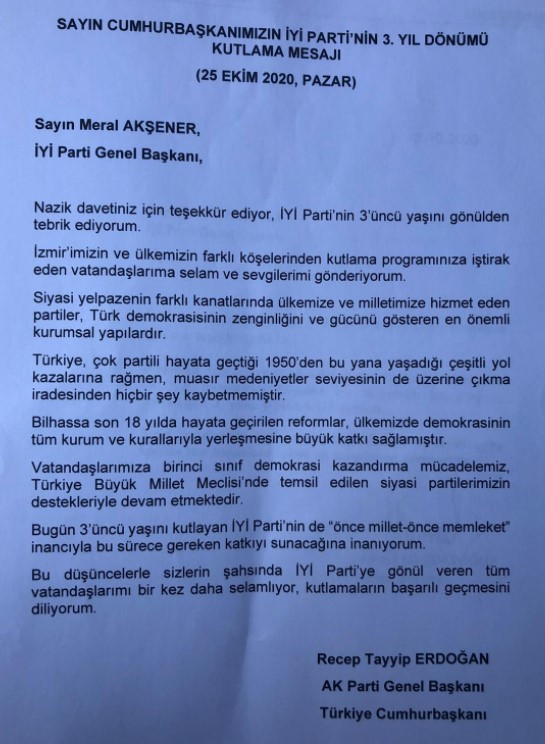 İyi Partili Aytun Çıray, Erdoğan'ın Akşener'e yazdığı mektubu paylaştı! - Resim : 1