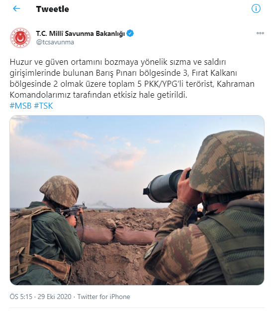 Milli Savunma Bakanlığı: 5 PKK/YPG’li terörist etkisiz hale getirildi - Resim : 1