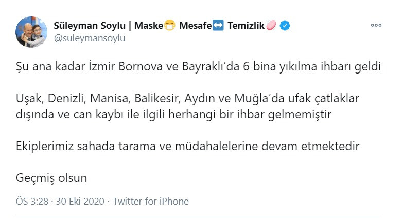 Süleyman Soylu'dan deprem açıklaması: İzmir Bornova ve Bayraklı’da 6 binanın yıkıldığı ihbarı geldi - Resim : 1