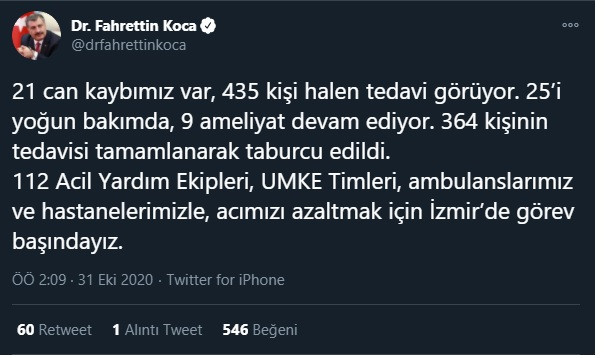 Fahrettin Koca'dan İzmir depreminde yaralananların durumuna ilişkin açıklama - Resim : 1