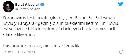 Berat Albayrak'tan Süleyman Soylu tweeti: Düsturumuz; maske, mesafe ve temizlik - Resim : 1
