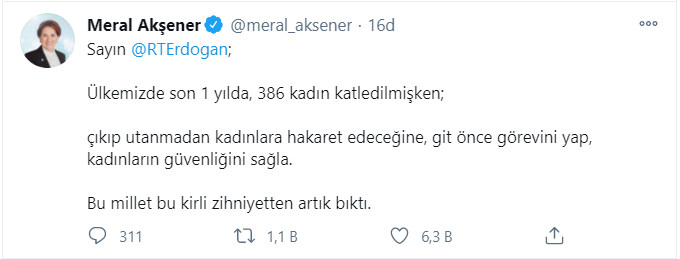 Akşener'den Erdoğan'a: Utanmadan kadınlara hakaret edeceğine git önce görevini yap - Resim : 1