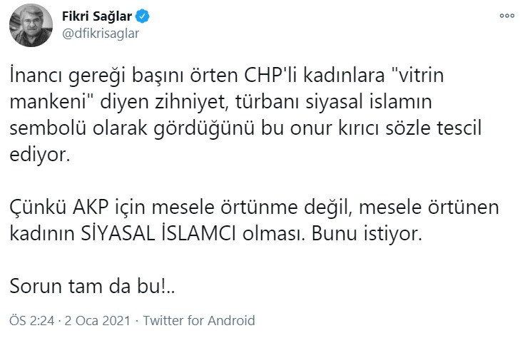 Fikri Sağlar: AKP için mesele örtünme değil, mesele örtünen kadının siyasal İslamcı olması - Resim : 1