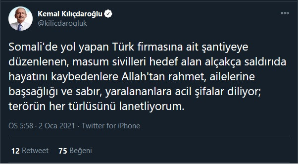 Kılıçdaroğlu'ndan Somali'deki intihar saldırısında hayatını kaybedenler için başsağlığı mesajı - Resim : 1