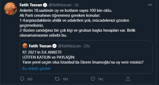 Fatih Tezcan'ın 120 binlik anketinden İmamoğlu çıkınca çıldırdı: Bizden sandığınız birçok kişi... - Resim : 2