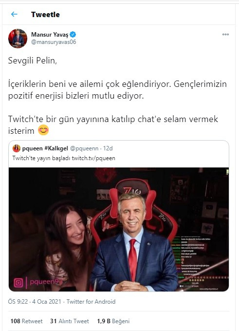 Mansur Yavaş'tan Twitch yayıncısı Pqueen'e mesaj - Resim : 1