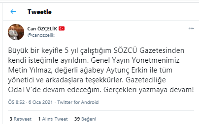 Sözcü Gazetesi'nden ayrılan Can Özçelik yeni adresini açıkladı - Resim : 1