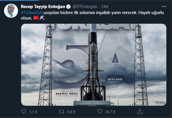 Erdoğan'dan Türksat 5A paylaşımı: Hayırlı olsun! - Resim : 1