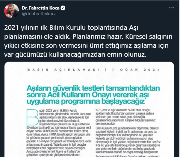 2021'in ilk Bilim Kurulu toplantısı sonrası Fahrettin Koca'dan aşı açıklaması! - Resim : 1