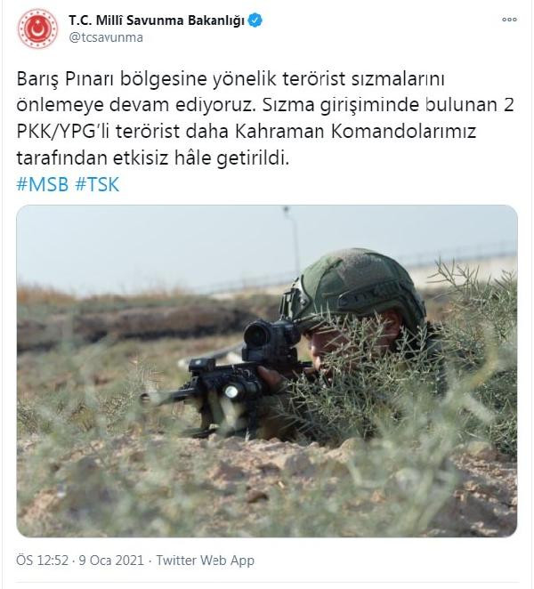 MSB: Barış Pınarı bölgesinde 2 terörist etkisiz hale getirildi - Resim : 1