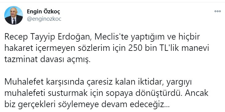 Erdoğan'dan CHP'li Engin Özkoç'a 250 bin TL'lik tazminat davası - Resim : 1