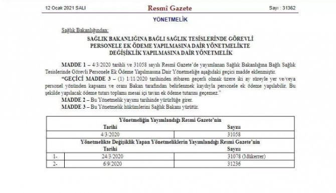 Resmi gazetede yayımlandı: Sağlık çalışanlarına ek ödeme! - Resim : 1