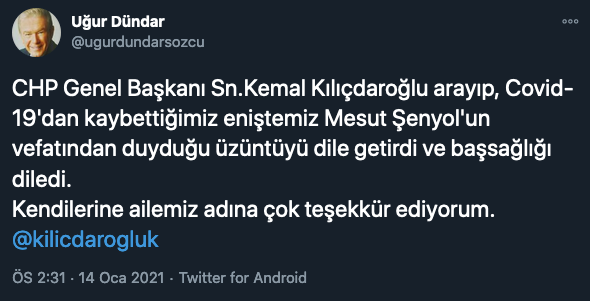 Kılıçdaroğlu'ndan Uğur Dündar'a başsağlığı telefonu - Resim : 1