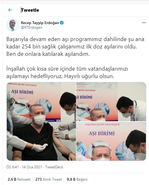 Erdoğan koronavirüs aşısı olan sağlık çalışanı sayısını açıkladı - Resim : 1