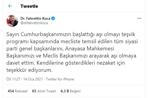 Fahrettin Koca aşı davetini açıkladı: Mecliste temsil edilen tüm siyasi parti genel başkanlarını arayarak... - Resim : 1