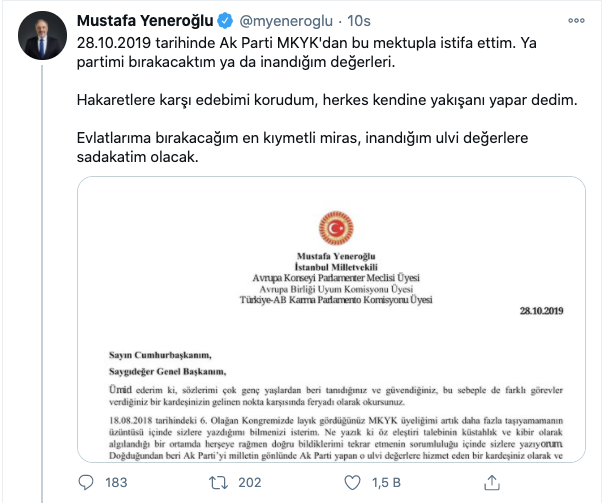 Mustafa Yeneroğlu, istifa ederken Erdoğan'a gönderdiği mektubu ilk kez paylaştı - Resim : 2