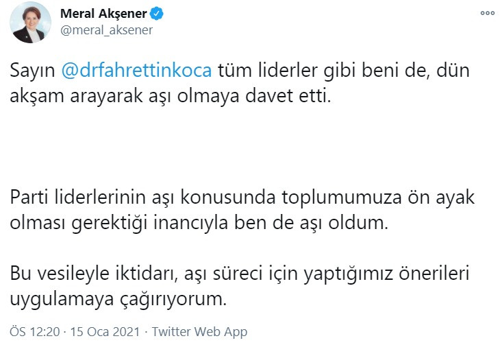 Meral Akşener koronavirüs aşısı yaptırdığını duyurdu - Resim : 1