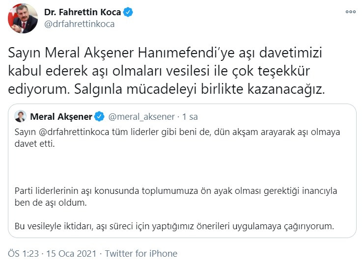 Fahrettin Koca, koronavirüs aşısı yaptıran Akşener'e teşekkür etti - Resim : 1