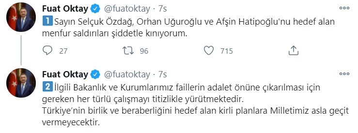 AKP'li Fuat Oktay, Özdağ, Uğuroğlu ve Hatipoğlu'na saldırıları Twitter'dan kınadı - Resim : 1