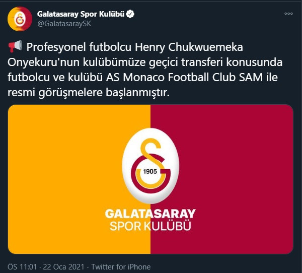 Galatasaray'ın resmi hesabından taraftarı heyecanlandıran Onyekuru tweeti - Resim : 1