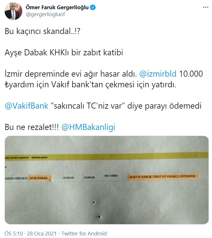 İzmir Büyükşehir Belediyesi deprem yardımı yaptı, Vakıfbank KHK'lı diyerek vermedi - Resim : 2