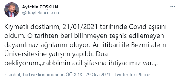 Doktor Aytekin Coşkun koronavirüs aşısı olduktan sonra hastaneye kaldırıldı - Resim : 1