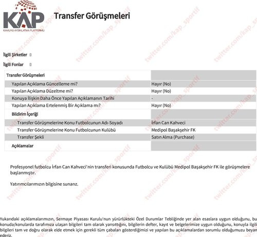 Fenerbahçe, İrfan Can Kahveci'yi KAP'a bildirdi - Resim : 1