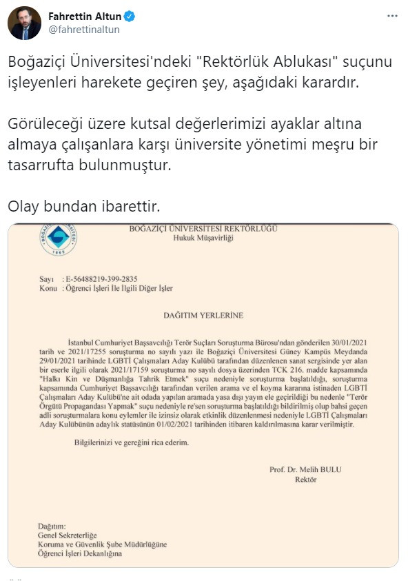 Fahrettin Altun duyurdu: Boğaziçi Üniversitesi LGBTİ Çalışmaları Aday Kulübü Melih Bulu kararıyla kapatıldı - Resim : 1