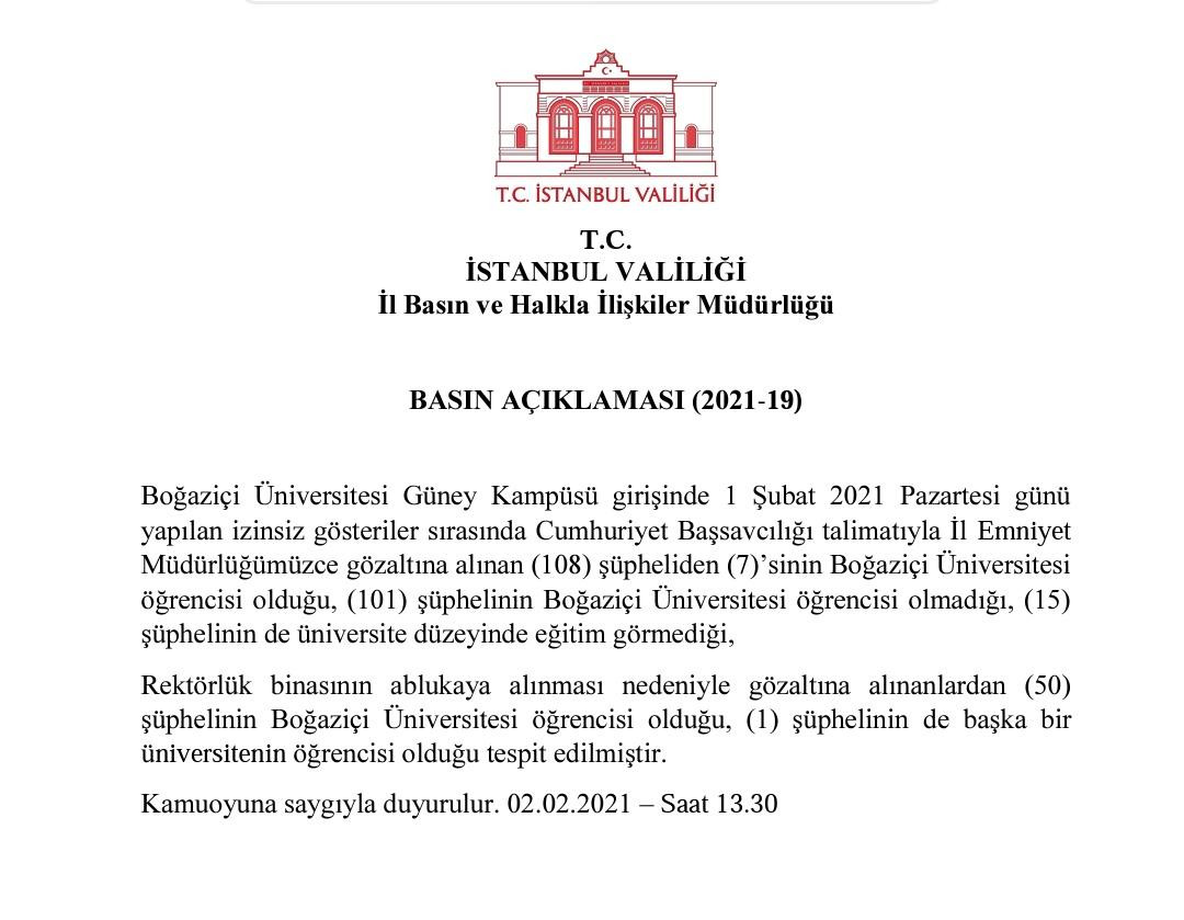 İstanbul Valiliği'nden Boğaziçi gözaltılarıyla ilgili açıklama - Resim : 1