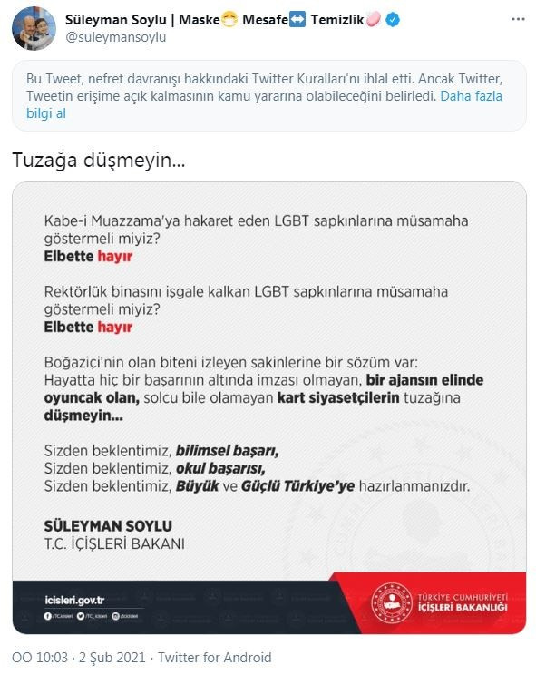 Twitter, LGBT+ bireyleri hedef alan Süleyman Soylu'nun bir tweetine daha kısıtlama getirdi - Resim : 1