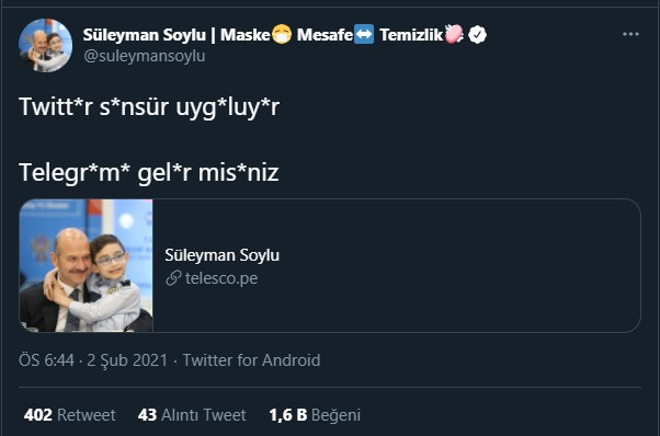 Süleyman Soylu'dan Twitter'da 'sansürlü' mesaj - Resim : 1
