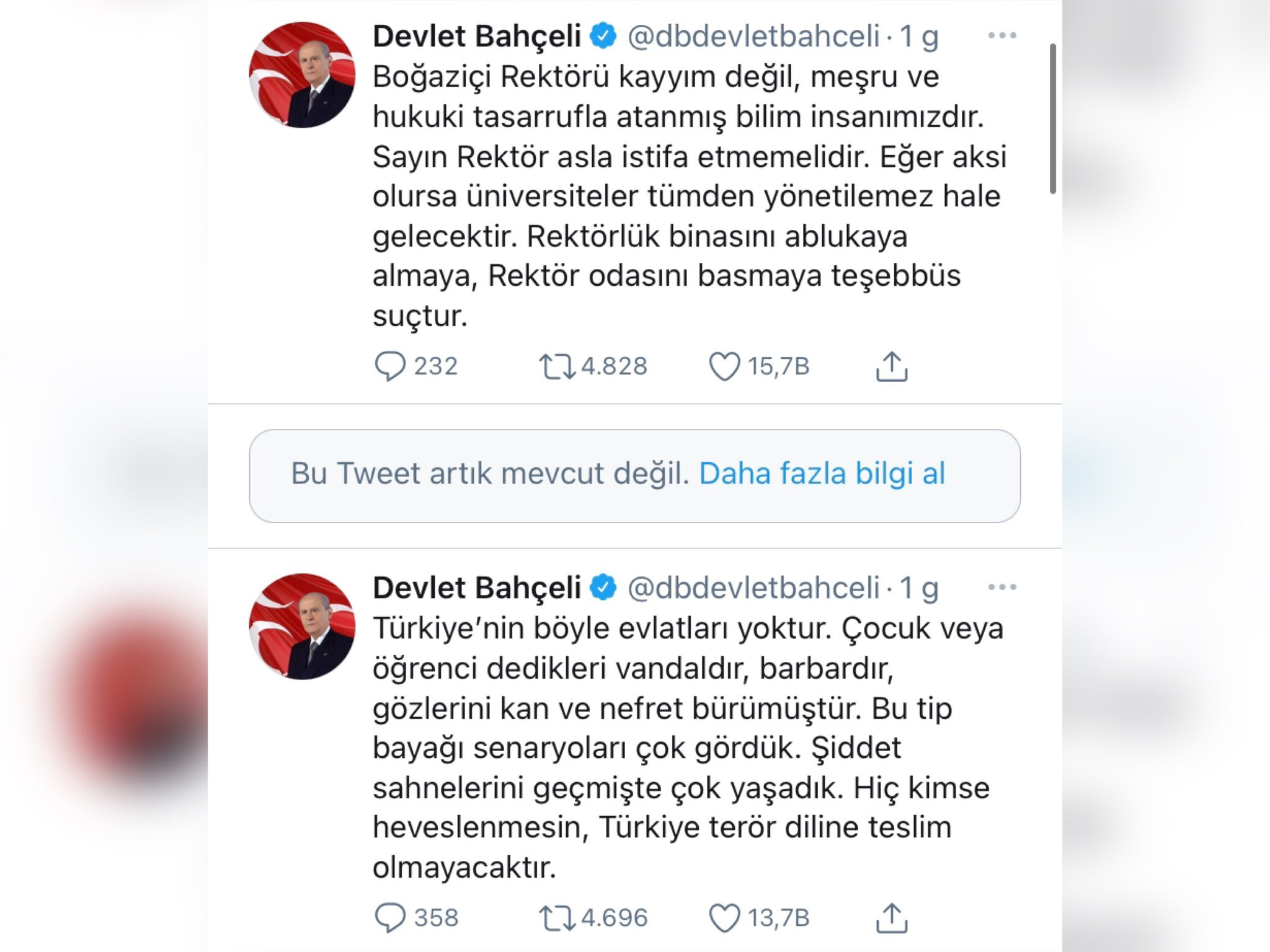 Twitter'dan Süleyman Soylu'dan sonra Devlet Bahçeli'nin Boğaziçi paylaşımına da kısıtlama - Resim : 1