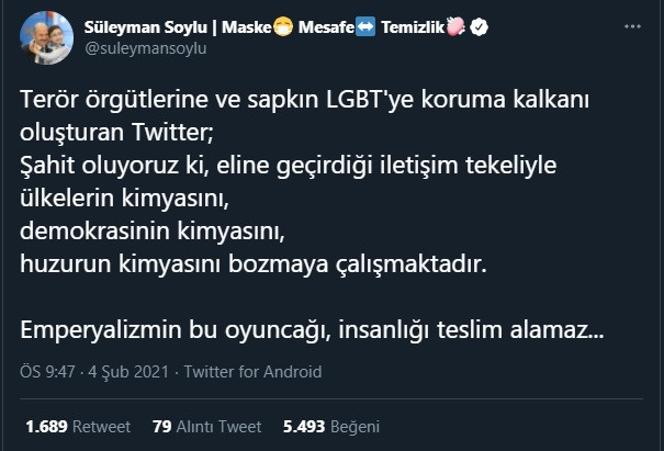 Süleyman Soylu Twitter'dan Twitter'ı hedef aldı: Sapkın LGBT'ye koruma kalkanı olan Twitter... - Resim : 1