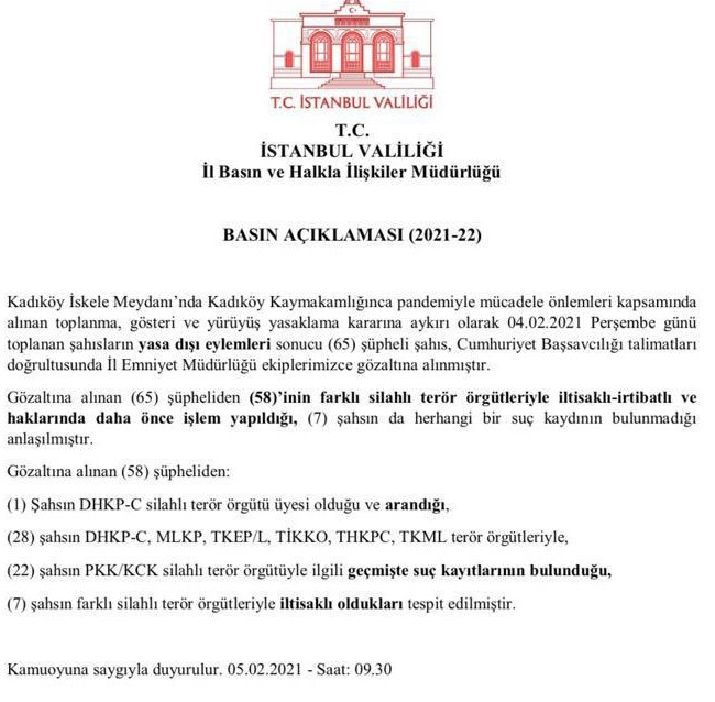 İstanbul Valiliği'nden Boğaziçi açıklaması: 65 kişiden 58'i farklı silahlı terör örgütleriyle irtibatlı - Resim : 1