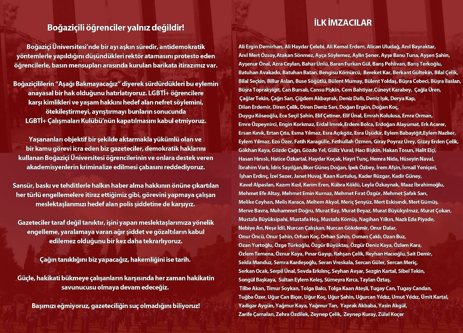 173 gazeteciden Boğaziçililere destek: 'Boğaziçililer yalnız değildir!' - Resim : 1