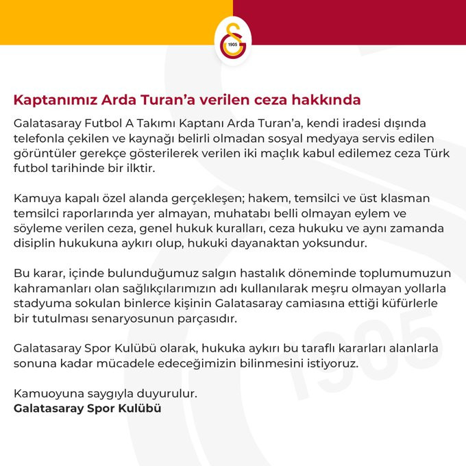 Galatasaray'dan Arda Turan'a verilen cezaya tepki: Türk futbol tarihinde bir ilk - Resim : 1
