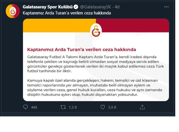 Galatasaray'dan Arda Turan'a verilen cezaya tepki: Türk futbol tarihinde bir ilk - Resim : 2