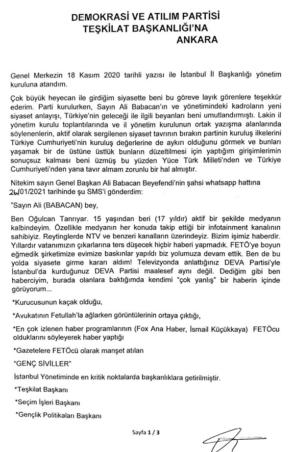 DEVA Partisi'nde 'FETÖ istifası'nın mektubu ortaya çıktı! - Resim : 1